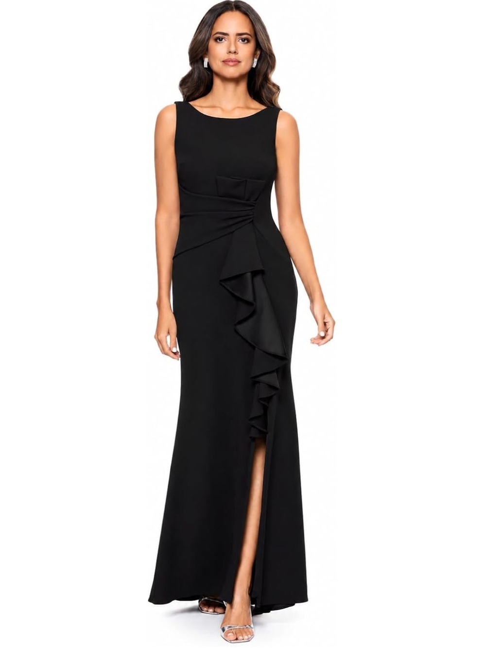 NWT Betsy & Adam Ruffled Boatneck Ruffle Gown w Slit in Black